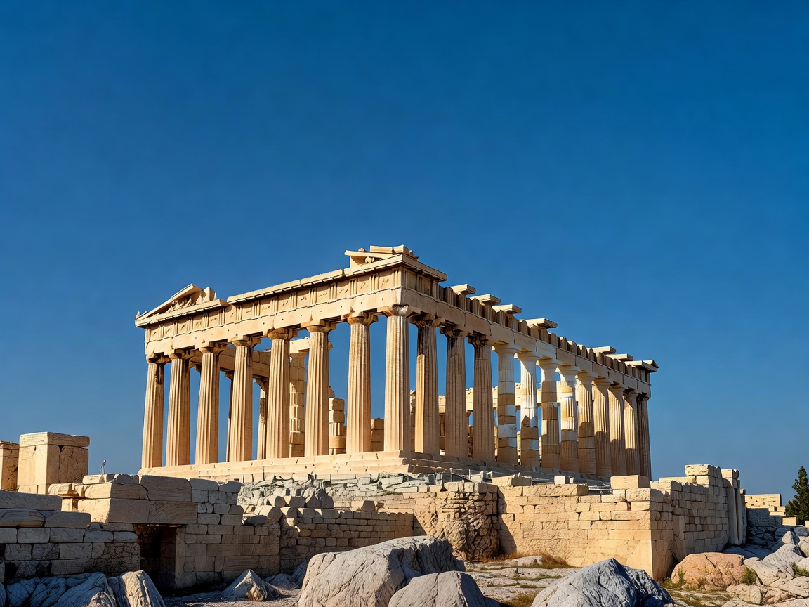 Athens Acropolis and Parthenon standing against a blue Greek sky