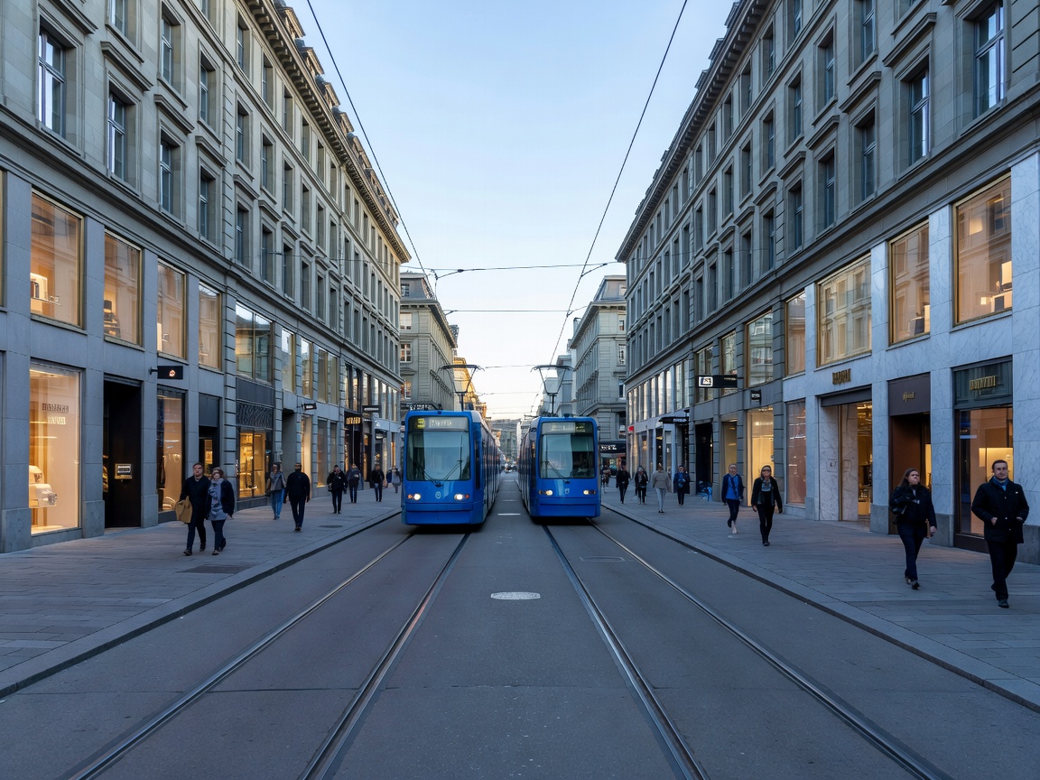 Bahnhofstrasse avenue in Zurich lined with luxury department stores and blue trams