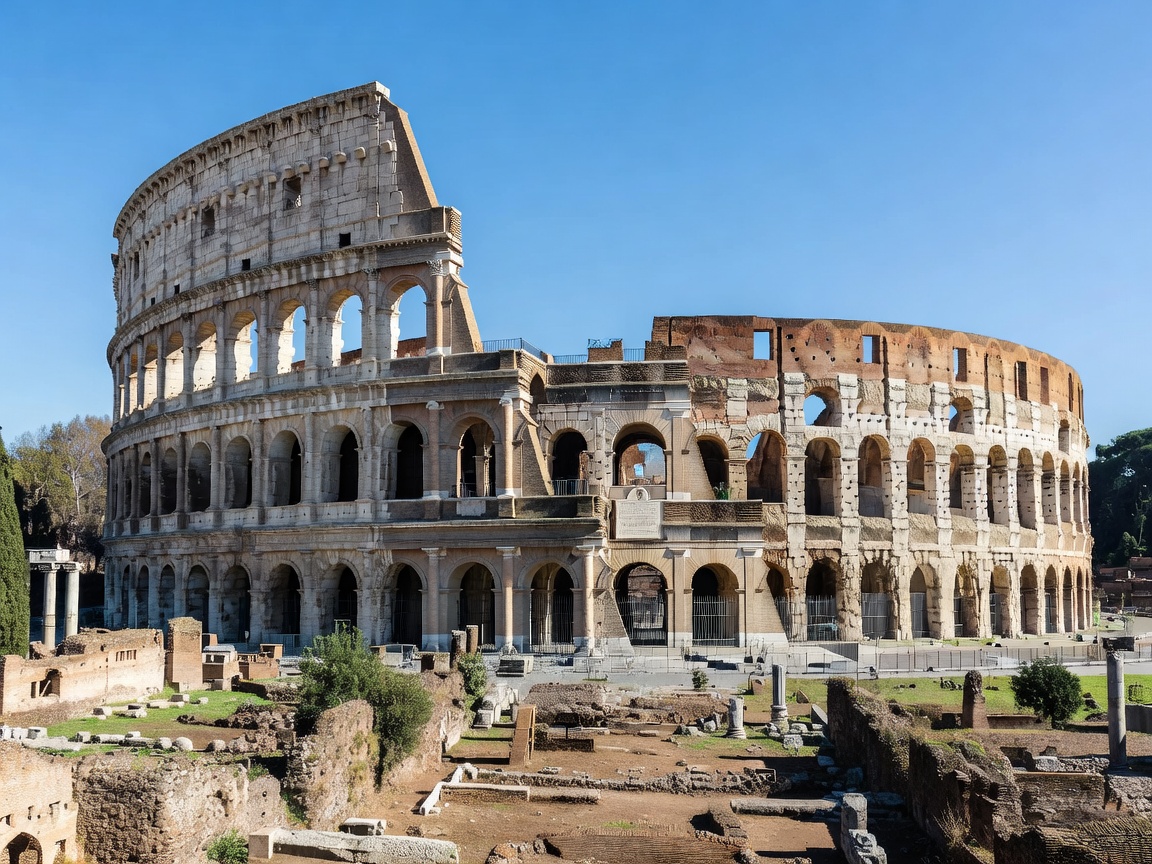 Colosseum arches with Roman Forum ruins in foreground under blue sky