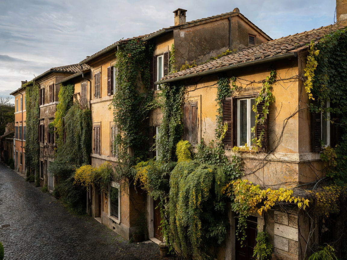 Ivy covered medieval residential buildings in Trastevere Rome