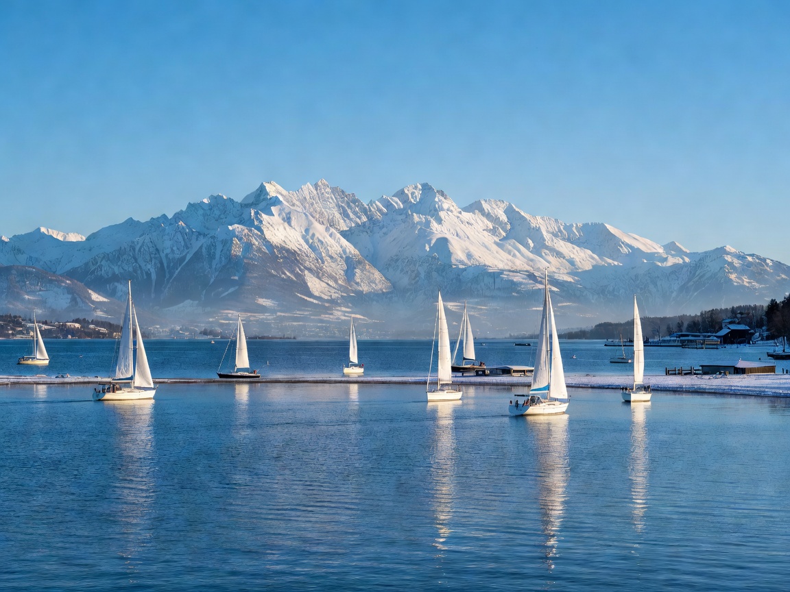 Lake Zurich shoreline with sailing boats and snow covered Swiss Alps in distance