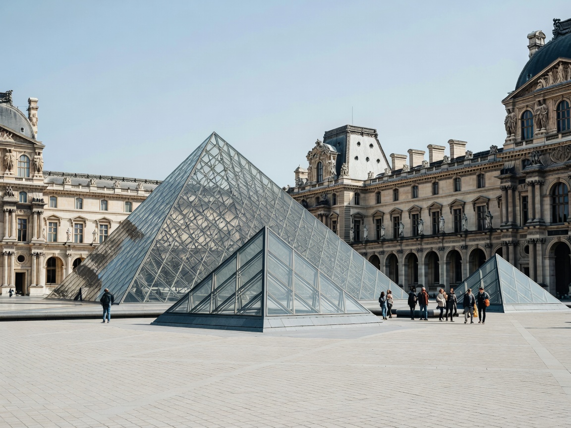 Louvre glass pyramid courtyard in Paris with classic palace facades