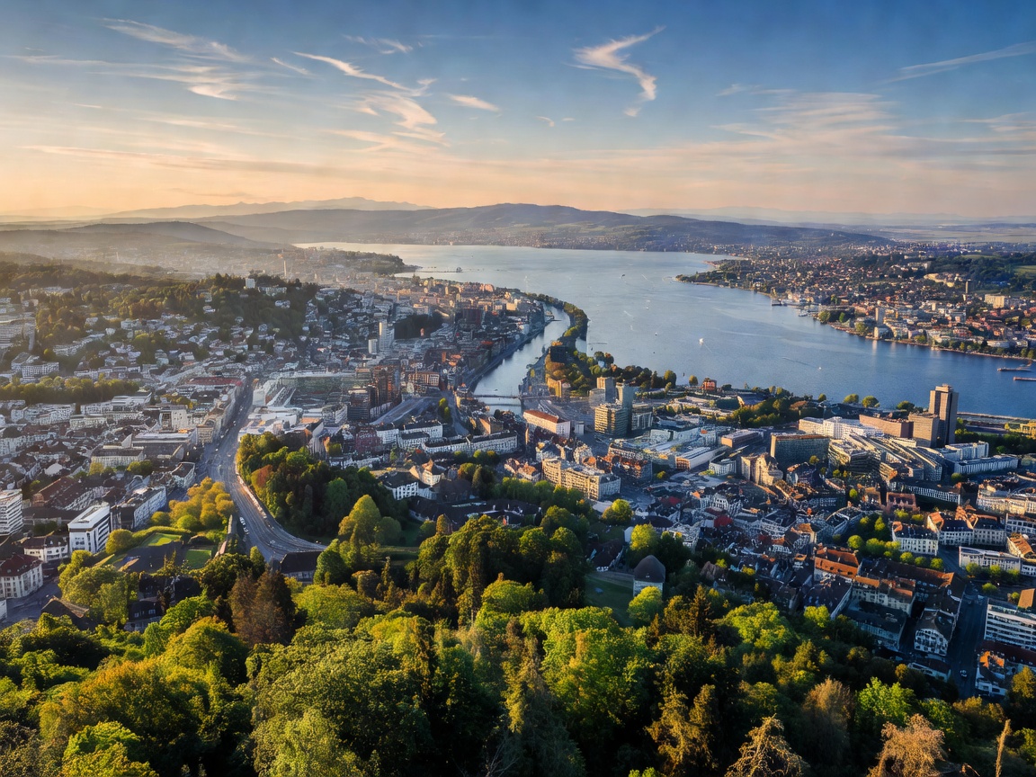 Panoramic view from Uetliberg mountain overlooking Zurich city and Lake Zurich