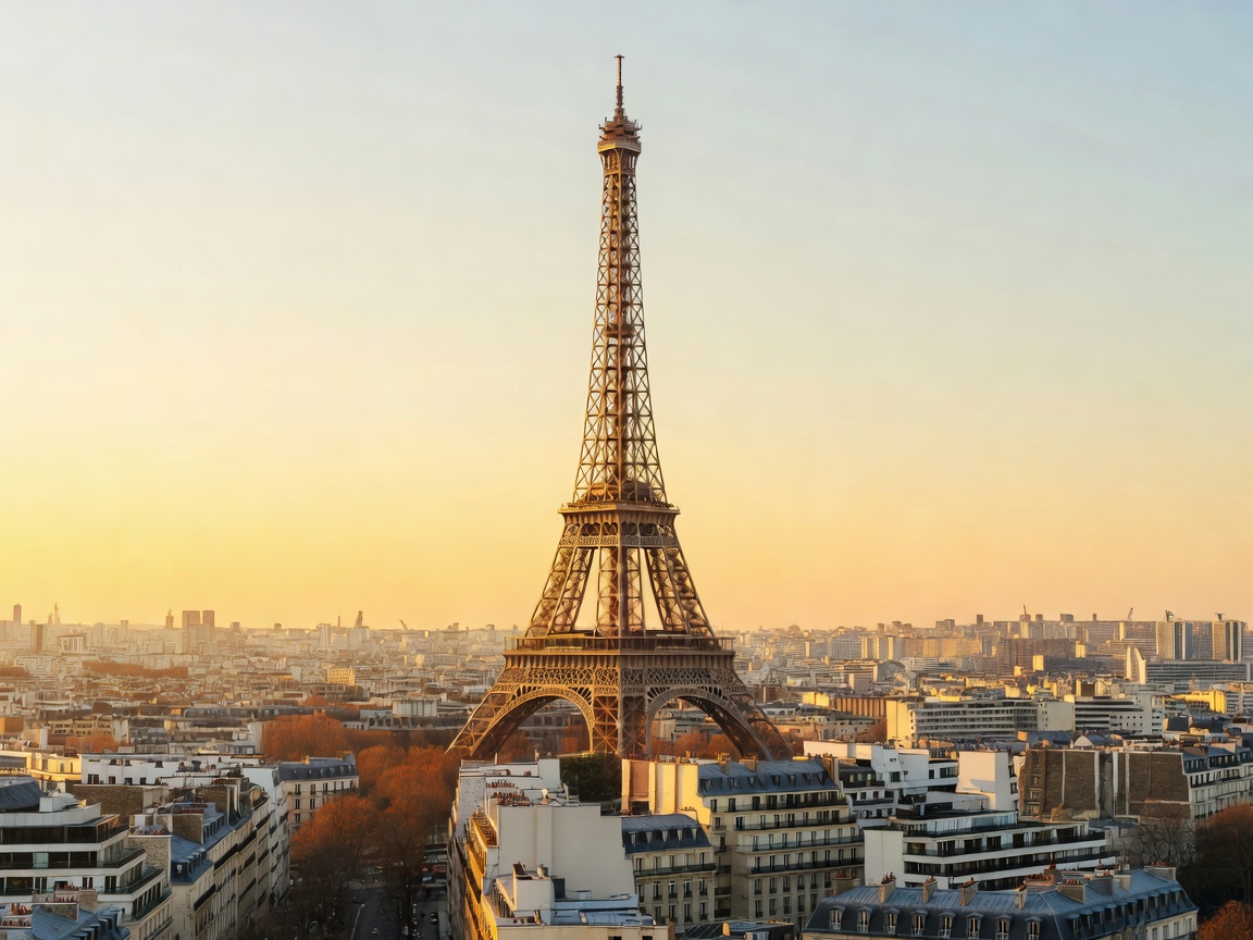 Paris France Eiffel Tower framed by classical Haussmannian architecture