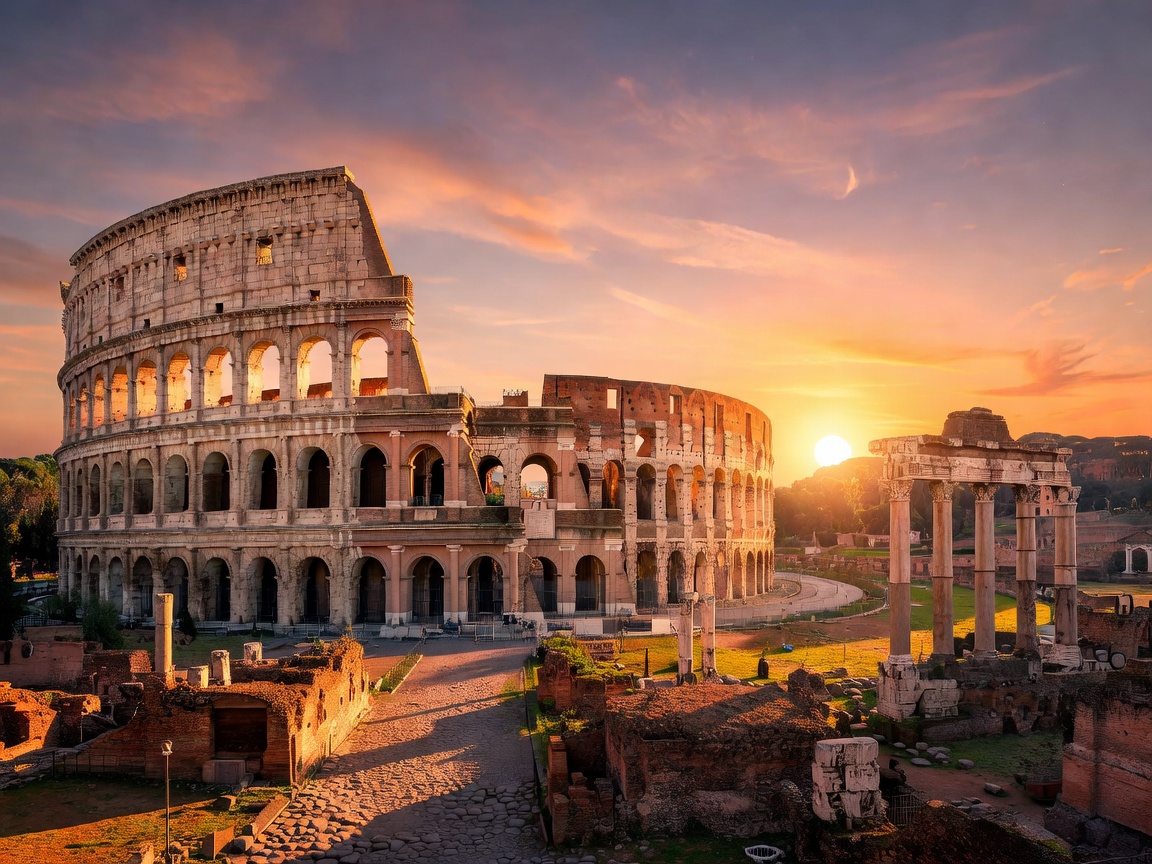 Rome Italy Colosseum illuminated during dusk with architectural details