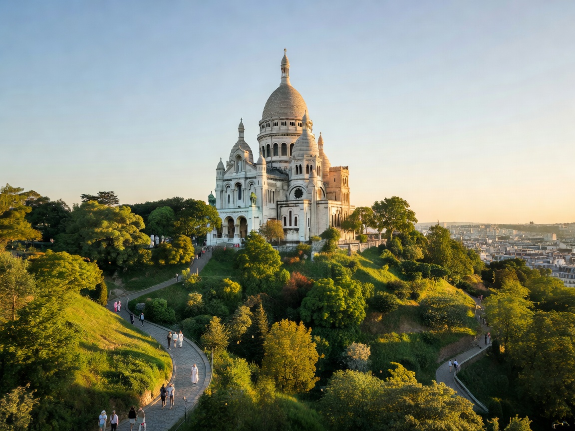 Sacre Coeur Basilica dome atop Montmartre hill in Paris France