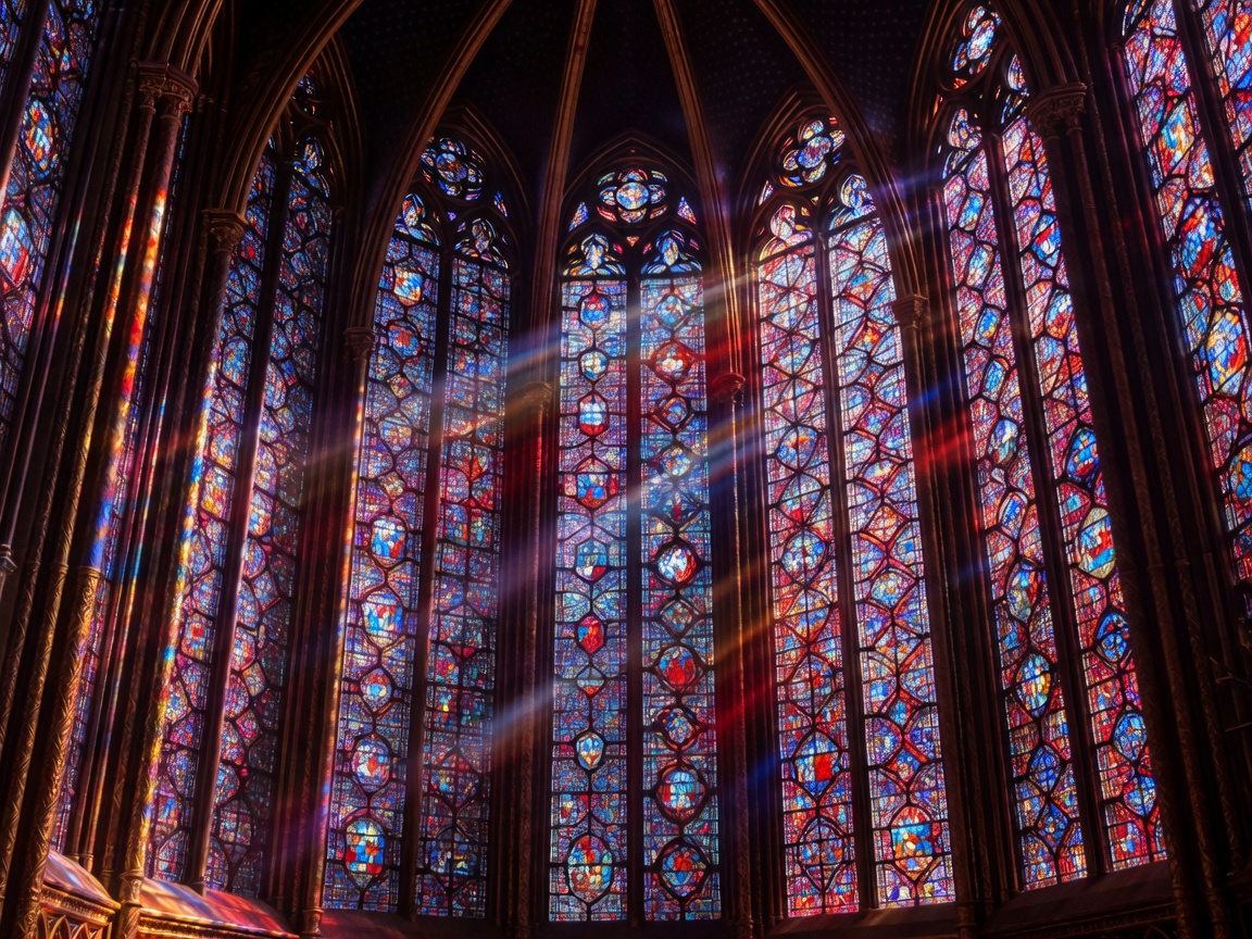 Stained glass windows of Sainte Chapelle glowing with vibrant blue and red light in Paris
