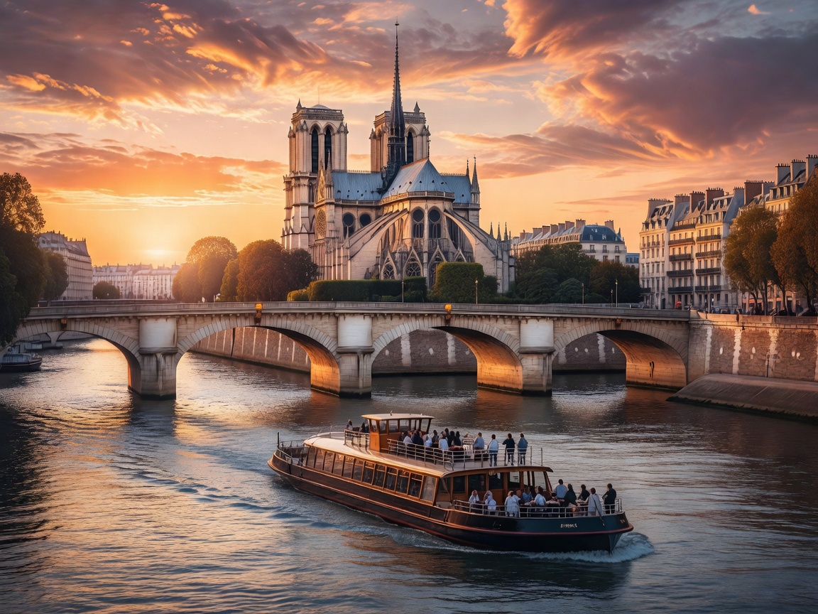 Sunset boat cruise on Seine River with Paris stone bridges and Notre Dame in background