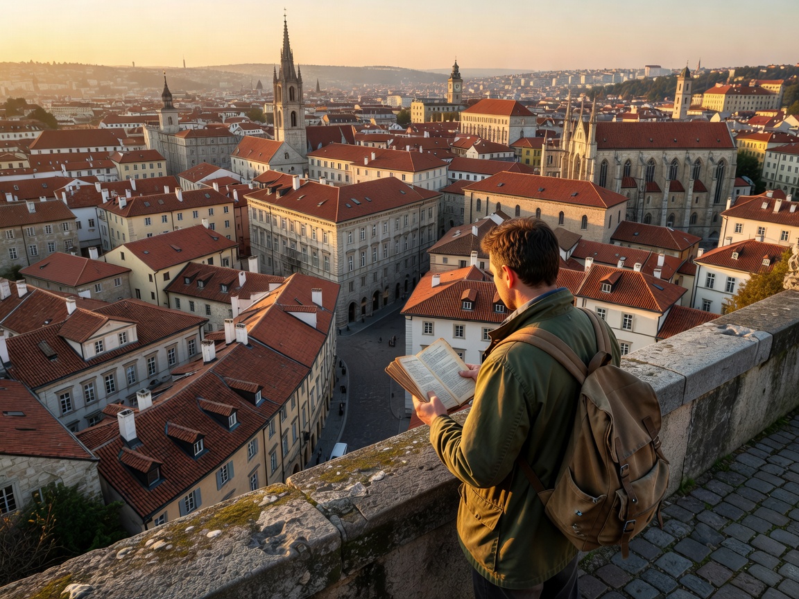 Traveler overlooking European historic city center with guidebook